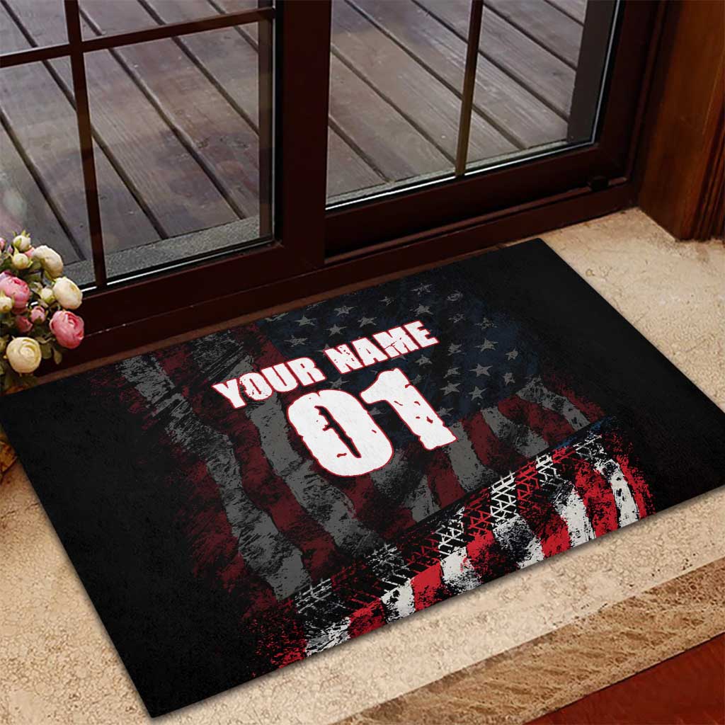 Motocross Rider Rubber Doormat with American Flag Background and Extreme Text in Red and Black Grunge Design - Wonder Print Shop