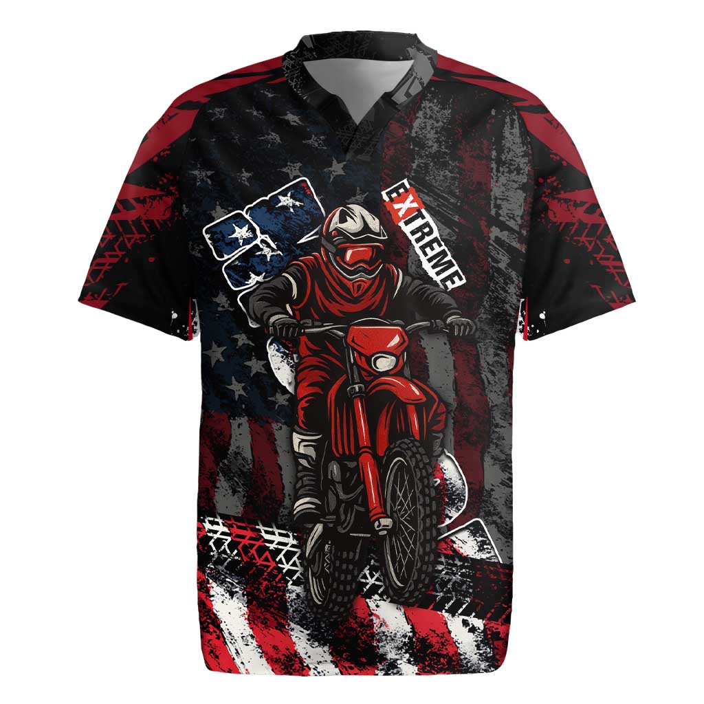 Motocross Rider Rugby Jersey with American Flag Background and Extreme Text in Red and Black Grunge Design - Wonder Print Shop