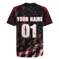 Motocross Rider Rugby Jersey with American Flag Background and Extreme Text in Red and Black Grunge Design - Wonder Print Shop