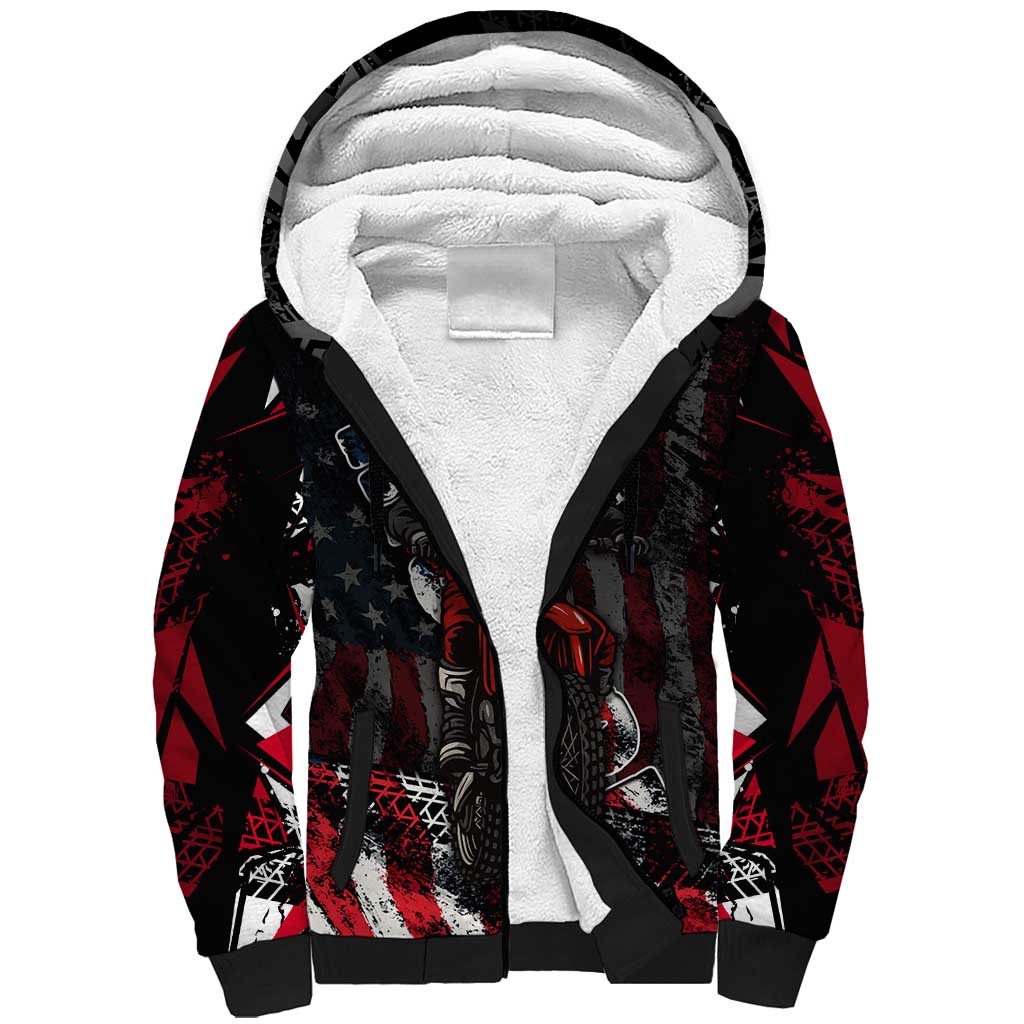 Motocross Rider Sherpa Hoodie with American Flag Background and Extreme Text in Red and Black Grunge Design - Wonder Print Shop