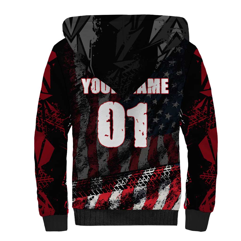 Motocross Rider Sherpa Hoodie with American Flag Background and Extreme Text in Red and Black Grunge Design - Wonder Print Shop