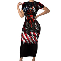 Motocross Rider Short Sleeve Bodycon Dress with American Flag Background and Extreme Text in Red and Black Grunge Design - Wonder Print Shop