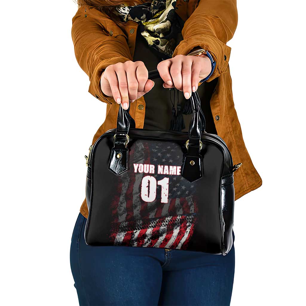 Motocross Rider Shoulder Handbag with American Flag Background and Extreme Text in Red and Black Grunge Design - Wonder Print Shop