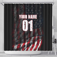 Motocross Rider Shower Curtain with American Flag Background and Extreme Text in Red and Black Grunge Design - Wonder Print Shop