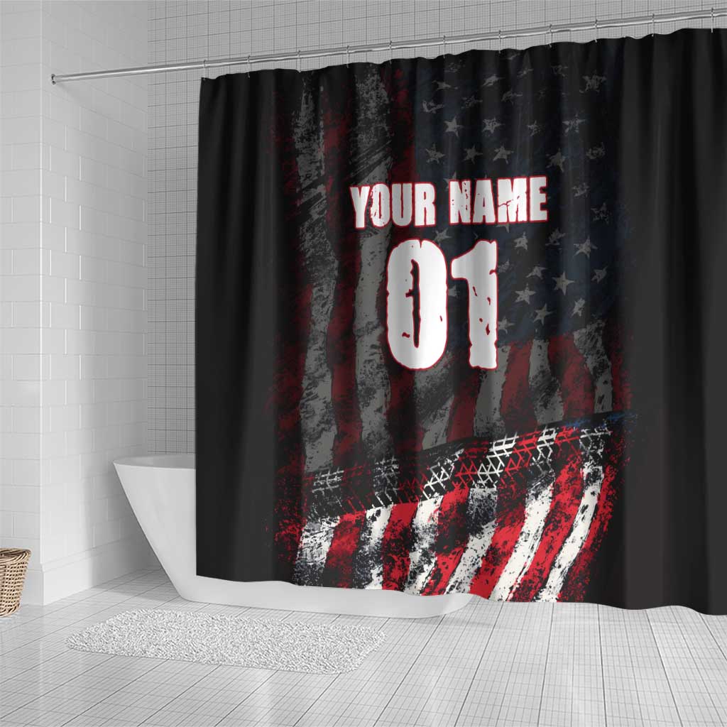 Motocross Rider Shower Curtain with American Flag Background and Extreme Text in Red and Black Grunge Design - Wonder Print Shop
