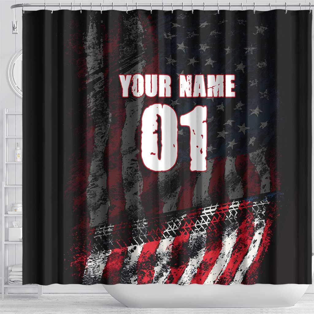 Motocross Rider Shower Curtain with American Flag Background and Extreme Text in Red and Black Grunge Design - Wonder Print Shop