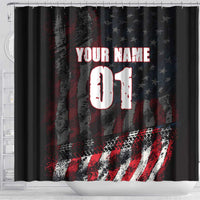 Motocross Rider Shower Curtain with American Flag Background and Extreme Text in Red and Black Grunge Design - Wonder Print Shop
