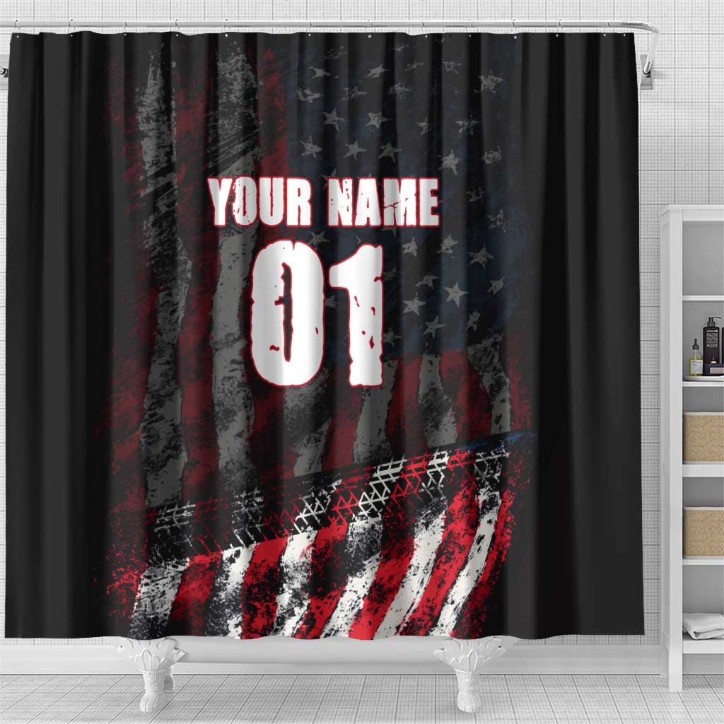 Motocross Rider Shower Curtain with American Flag Background and Extreme Text in Red and Black Grunge Design - Wonder Print Shop