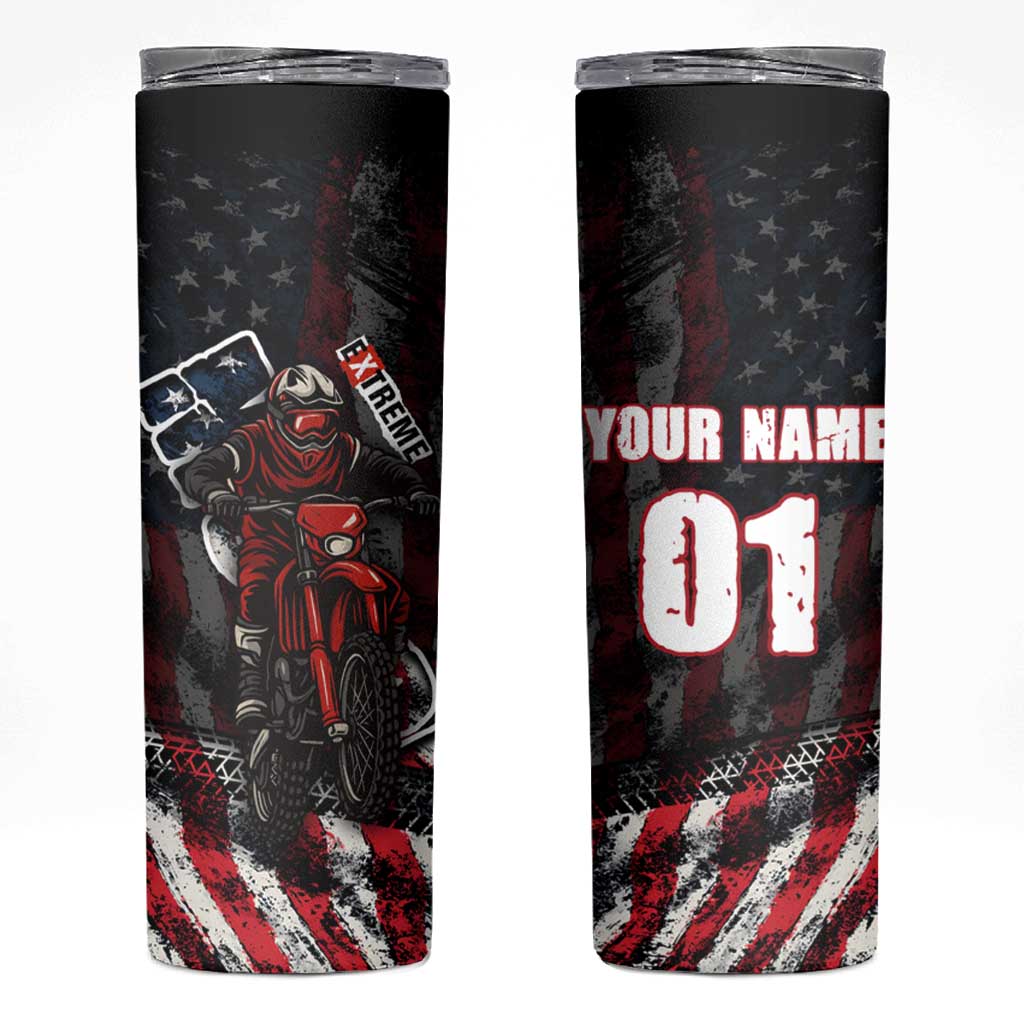 Motocross Rider Skinny Tumbler with American Flag Background and Extreme Text in Red and Black Grunge Design - Wonder Print Shop