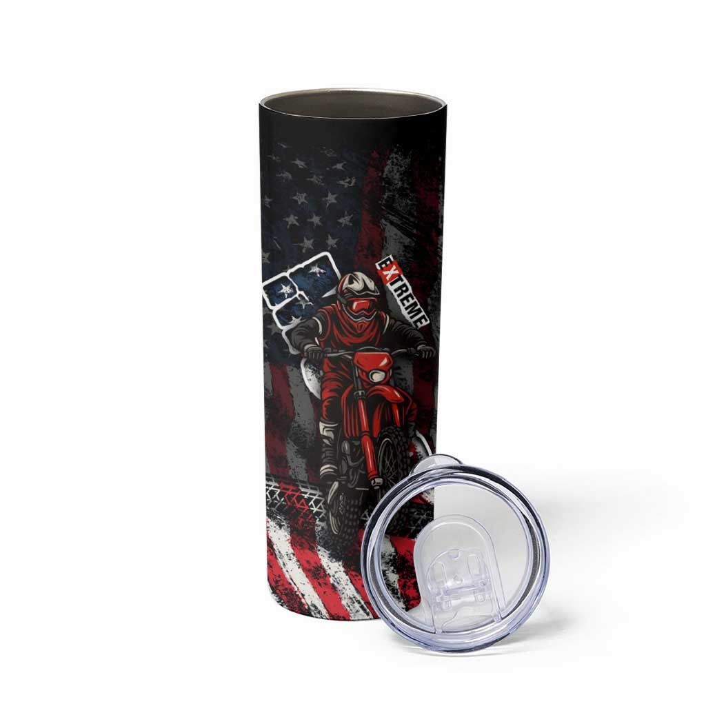 Motocross Rider Skinny Tumbler with American Flag Background and Extreme Text in Red and Black Grunge Design - Wonder Print Shop