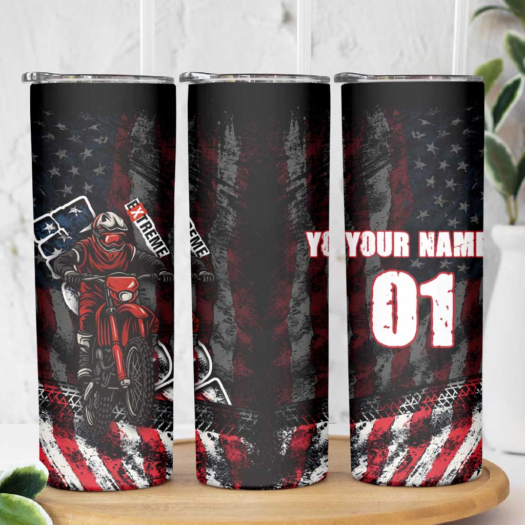 Motocross Rider Skinny Tumbler with American Flag Background and Extreme Text in Red and Black Grunge Design - Wonder Print Shop
