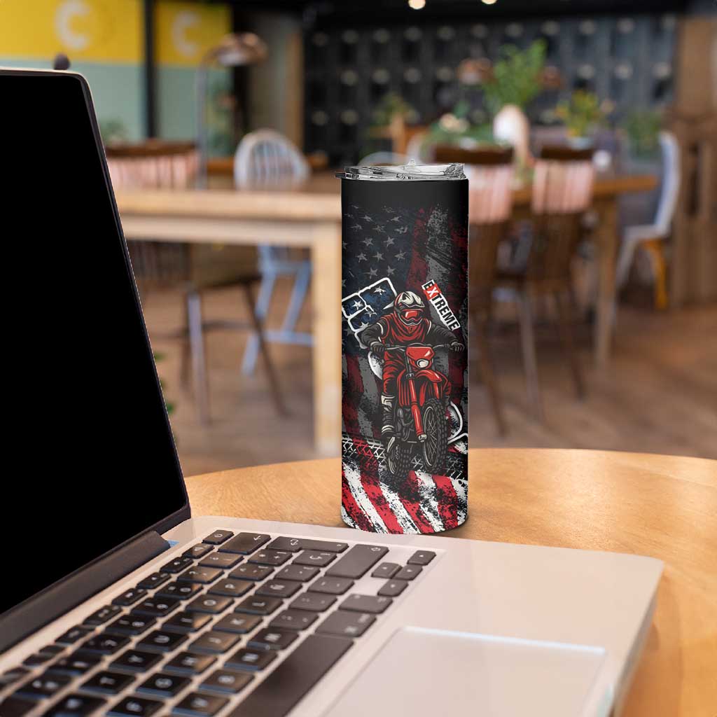Motocross Rider Skinny Tumbler with American Flag Background and Extreme Text in Red and Black Grunge Design - Wonder Print Shop