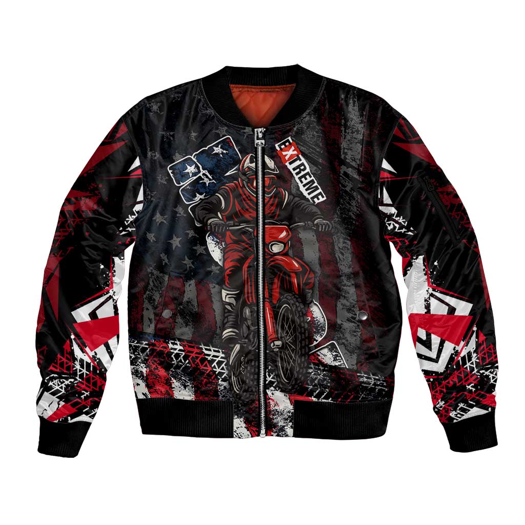 Motocross Rider Sleeve Zip Bomber Jacket with American Flag Background and Extreme Text in Red and Black Grunge Design - Wonder Print Shop