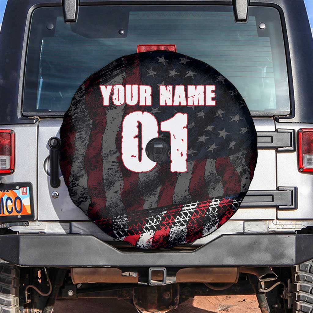 Motocross Rider Spare Tire Cover with American Flag Background and Extreme Text in Red and Black Grunge Design - Wonder Print Shop