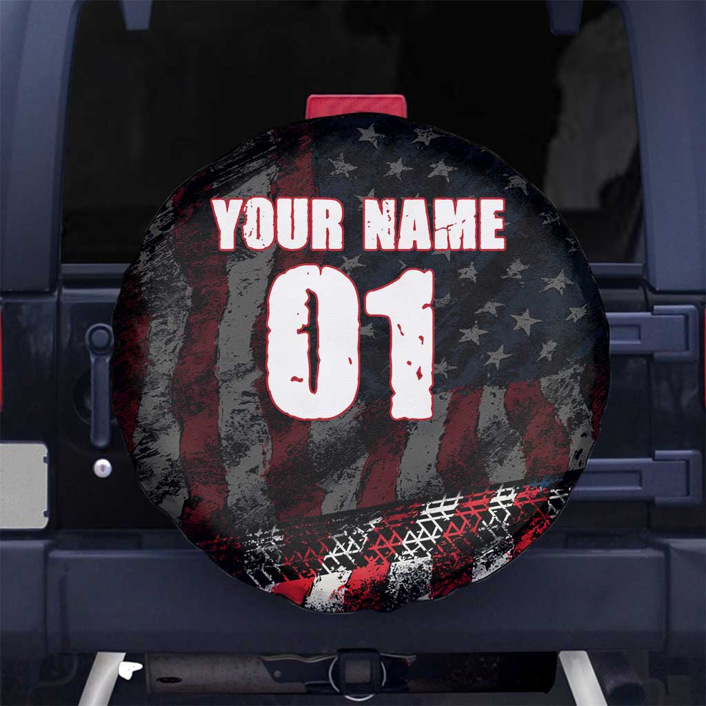 Motocross Rider Spare Tire Cover with American Flag Background and Extreme Text in Red and Black Grunge Design - Wonder Print Shop