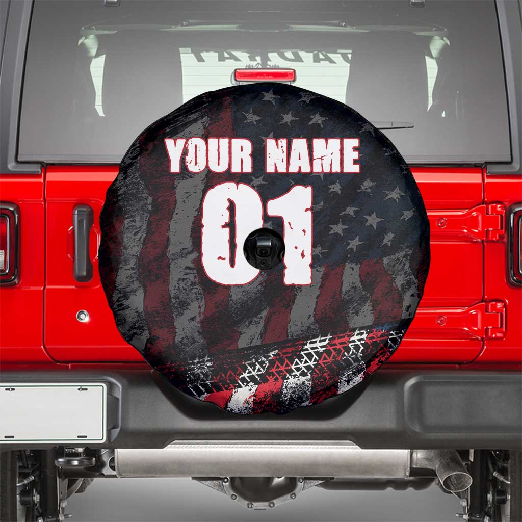 Motocross Rider Spare Tire Cover with American Flag Background and Extreme Text in Red and Black Grunge Design - Wonder Print Shop