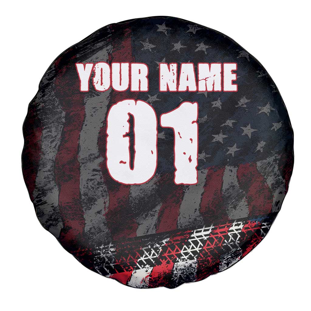 Motocross Rider Spare Tire Cover with American Flag Background and Extreme Text in Red and Black Grunge Design - Wonder Print Shop