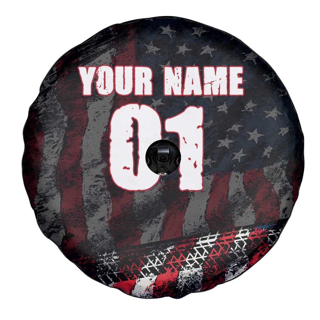 Motocross Rider Spare Tire Cover with American Flag Background and Extreme Text in Red and Black Grunge Design - Wonder Print Shop