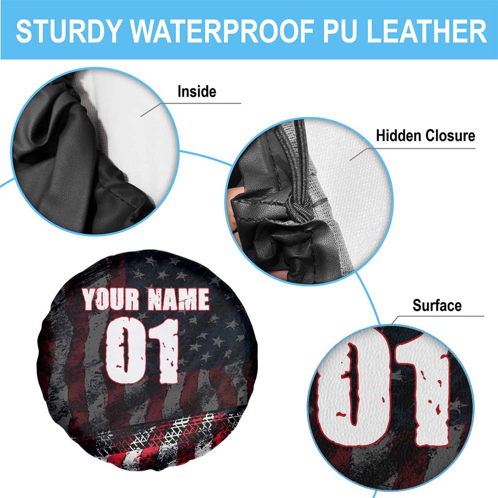 Motocross Rider Spare Tire Cover with American Flag Background and Extreme Text in Red and Black Grunge Design - Wonder Print Shop