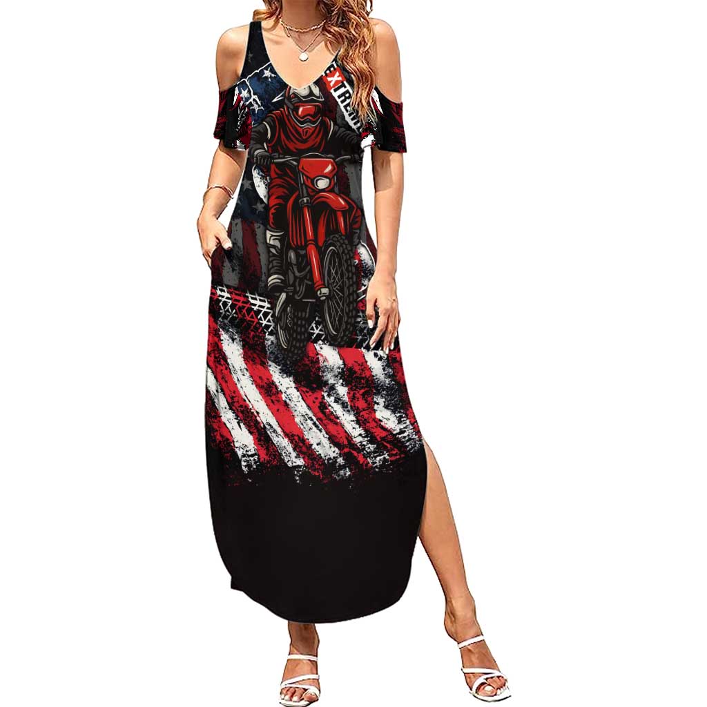 Motocross Rider Summer Maxi Dress with American Flag Background and Extreme Text in Red and Black Grunge Design - Wonder Print Shop
