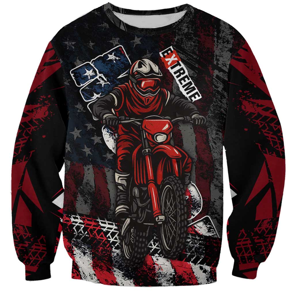 Motocross Rider Sweatshirt with American Flag Background and Extreme Text in Red and Black Grunge Design - Wonder Print Shop