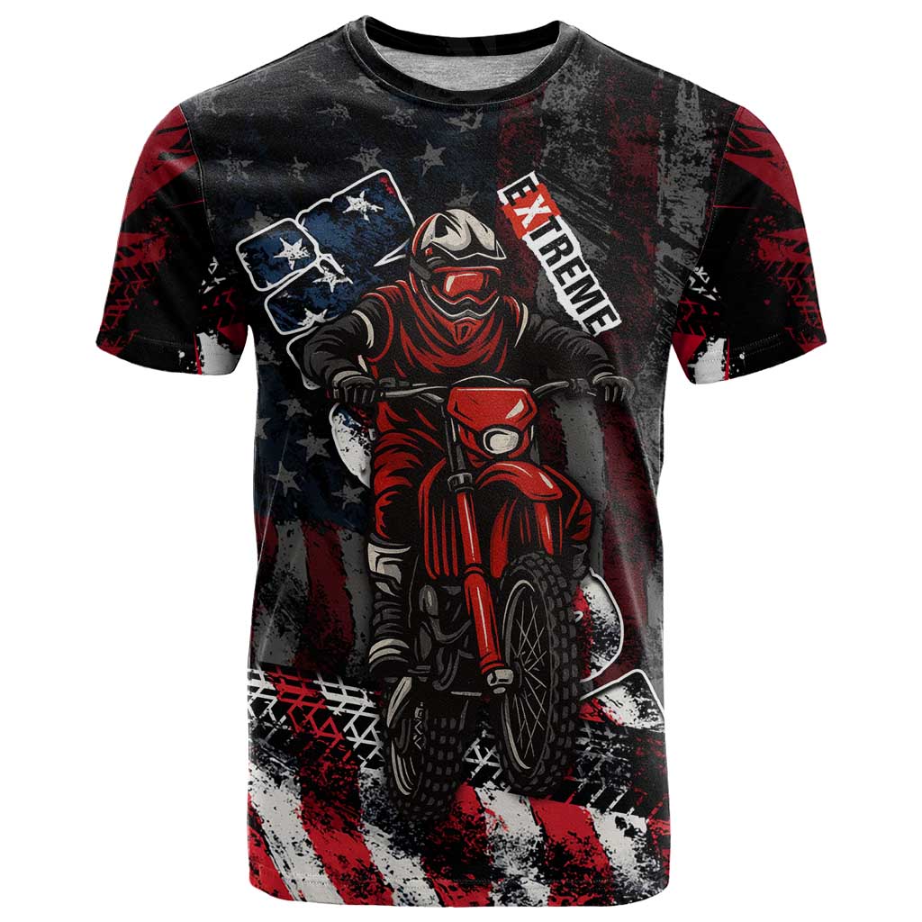 Motocross Rider T Shirt with American Flag Background and Extreme Text in Red and Black Grunge Design - Wonder Print Shop