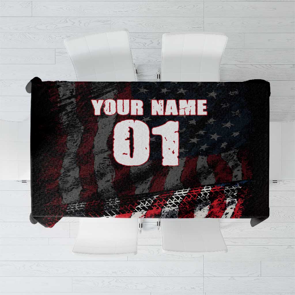Motocross Rider Tablecloth with American Flag Background and Extreme Text in Red and Black Grunge Design - Wonder Print Shop