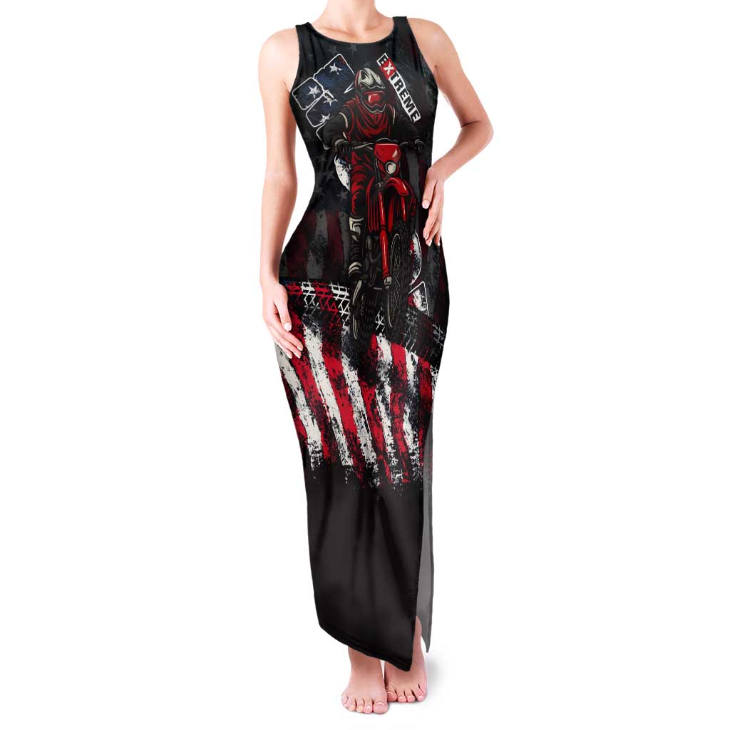 Motocross Rider Tank Maxi Dress with American Flag Background and Extreme Text in Red and Black Grunge Design - Wonder Print Shop
