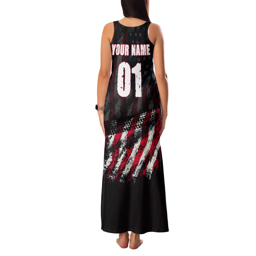 Motocross Rider Tank Maxi Dress with American Flag Background and Extreme Text in Red and Black Grunge Design - Wonder Print Shop