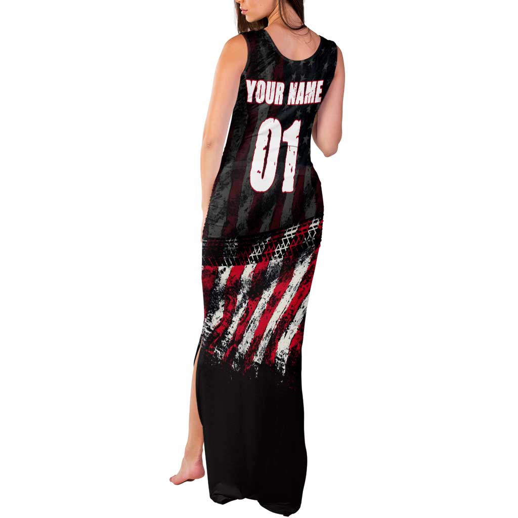 Motocross Rider Tank Maxi Dress with American Flag Background and Extreme Text in Red and Black Grunge Design - Wonder Print Shop