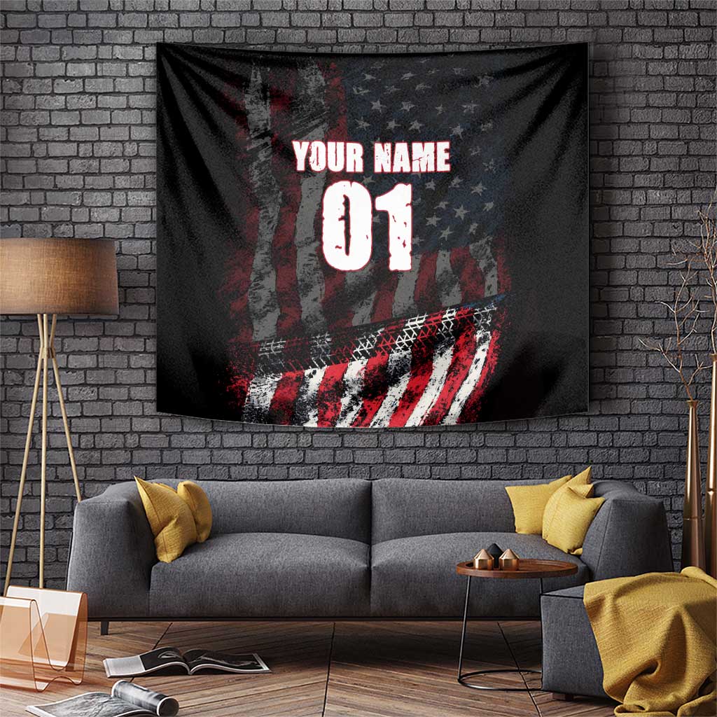 Motocross Rider Tapestry with American Flag Background and Extreme Text in Red and Black Grunge Design - Wonder Print Shop