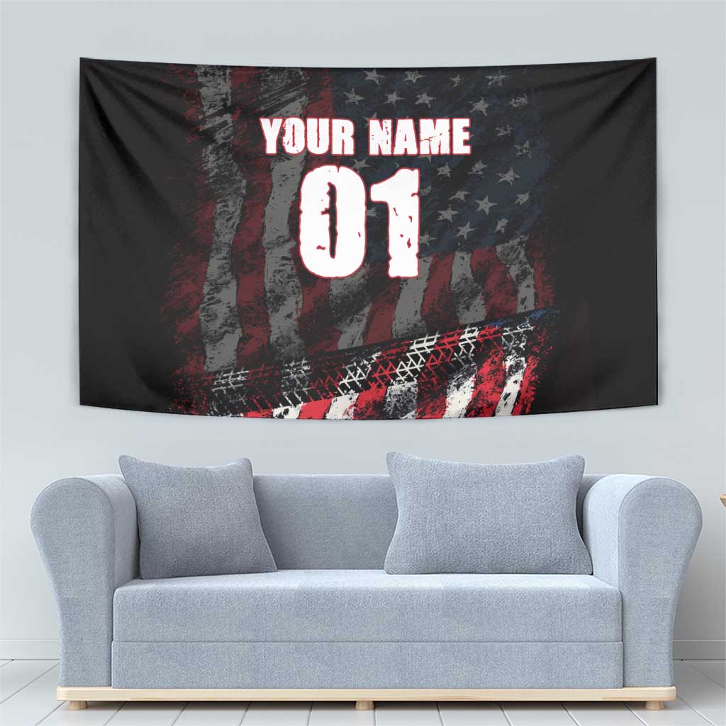 Motocross Rider Tapestry with American Flag Background and Extreme Text in Red and Black Grunge Design - Wonder Print Shop