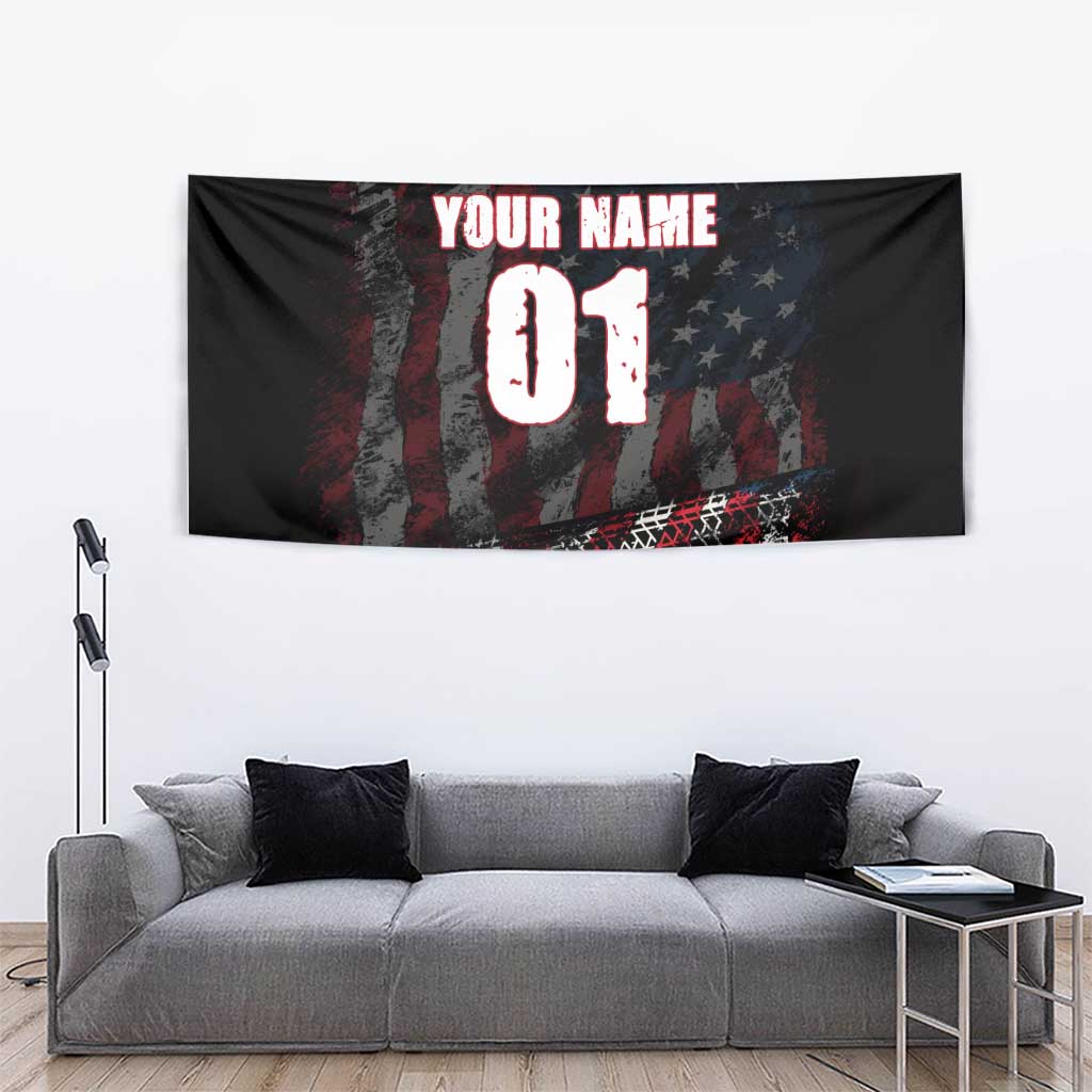 Motocross Rider Tapestry with American Flag Background and Extreme Text in Red and Black Grunge Design - Wonder Print Shop
