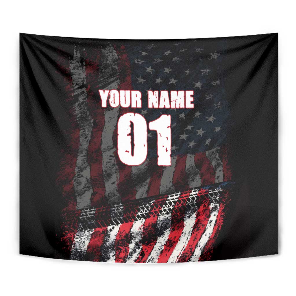 Motocross Rider Tapestry with American Flag Background and Extreme Text in Red and Black Grunge Design - Wonder Print Shop