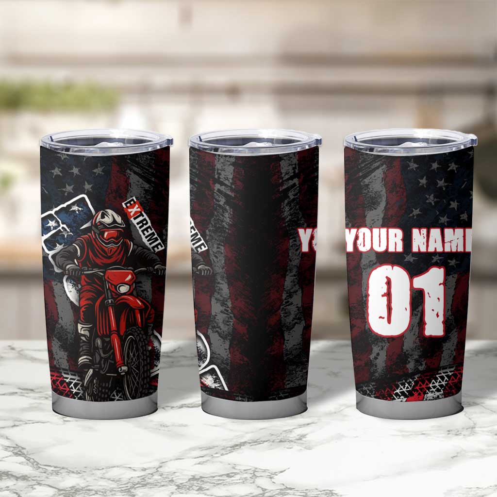 Motocross Rider Tumbler Cup with American Flag Background and Extreme Text in Red and Black Grunge Design - Wonder Print Shop
