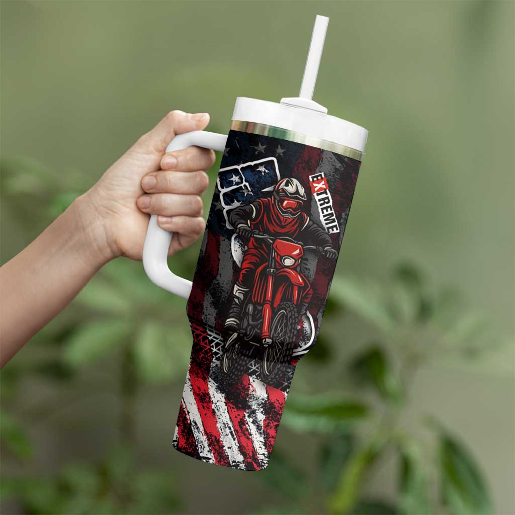 Motocross Rider Tumbler With Handle with American Flag Background and Extreme Text in Red and Black Grunge Design - Wonder Print Shop