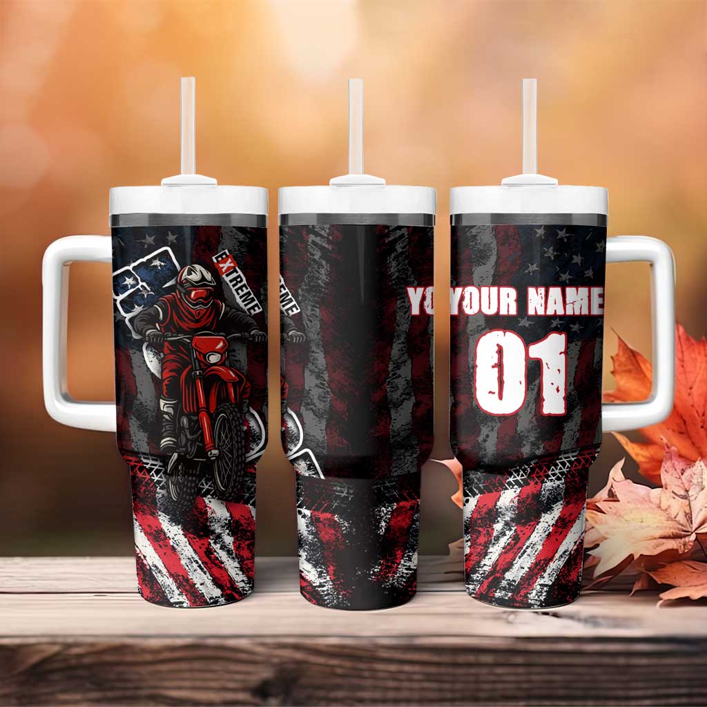 Motocross Rider Tumbler With Handle with American Flag Background and Extreme Text in Red and Black Grunge Design - Wonder Print Shop