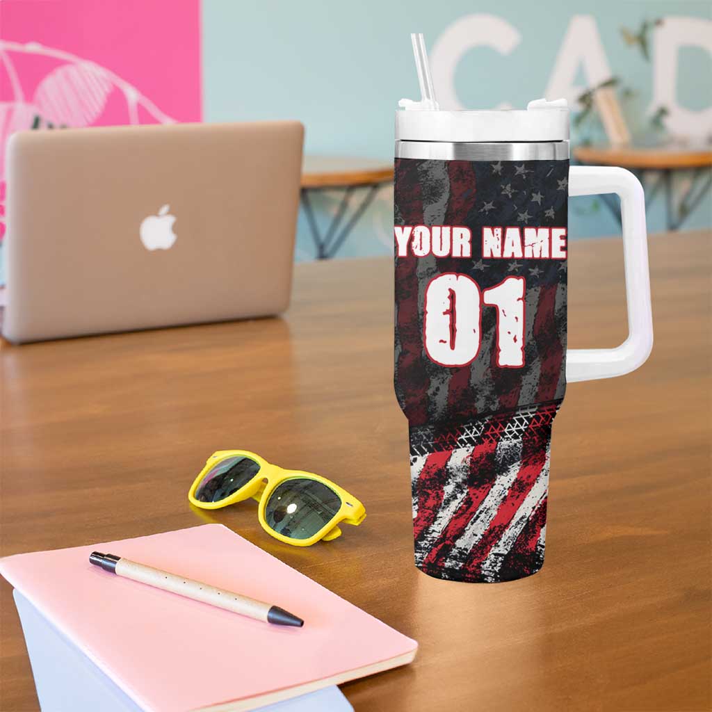 Motocross Rider Tumbler With Handle with American Flag Background and Extreme Text in Red and Black Grunge Design - Wonder Print Shop