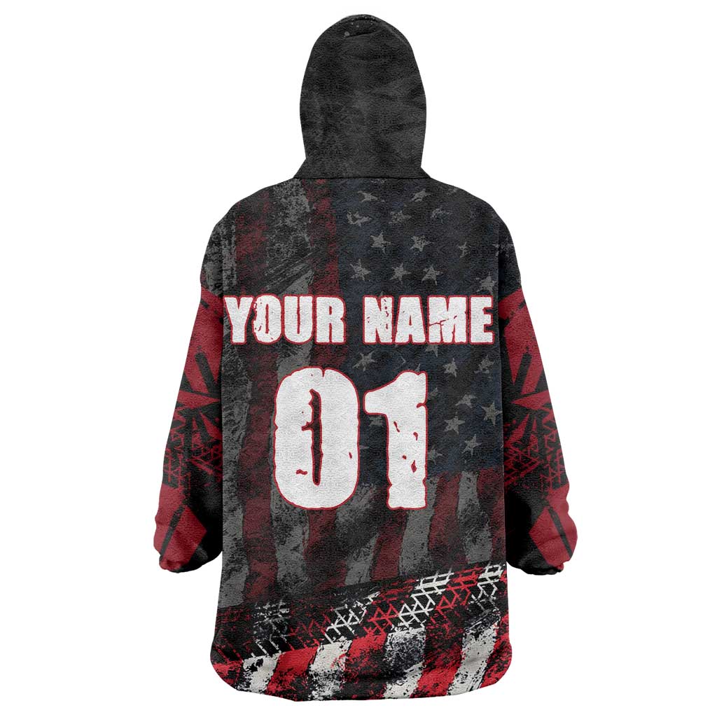 Motocross Rider Wearable Blanket Hoodie with American Flag Background and Extreme Text in Red and Black Grunge Design - Wonder Print Shop