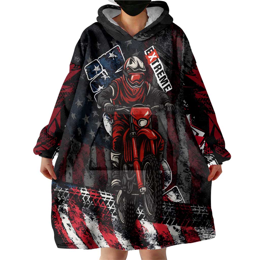 Motocross Rider Wearable Blanket Hoodie with American Flag Background and Extreme Text in Red and Black Grunge Design - Wonder Print Shop