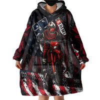 Motocross Rider Wearable Blanket Hoodie with American Flag Background and Extreme Text in Red and Black Grunge Design - Wonder Print Shop