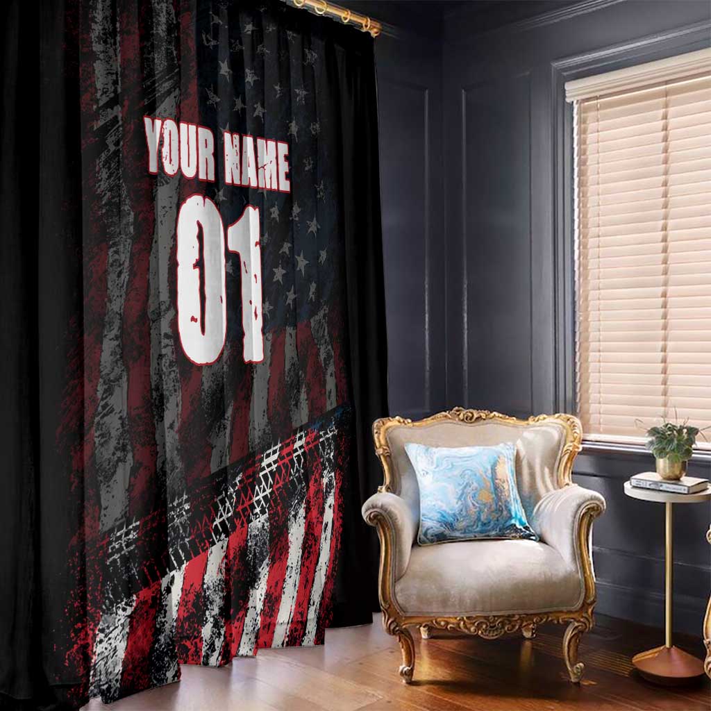 Motocross Rider Window Curtain with American Flag Background and Extreme Text in Red and Black Grunge Design - Wonder Print Shop