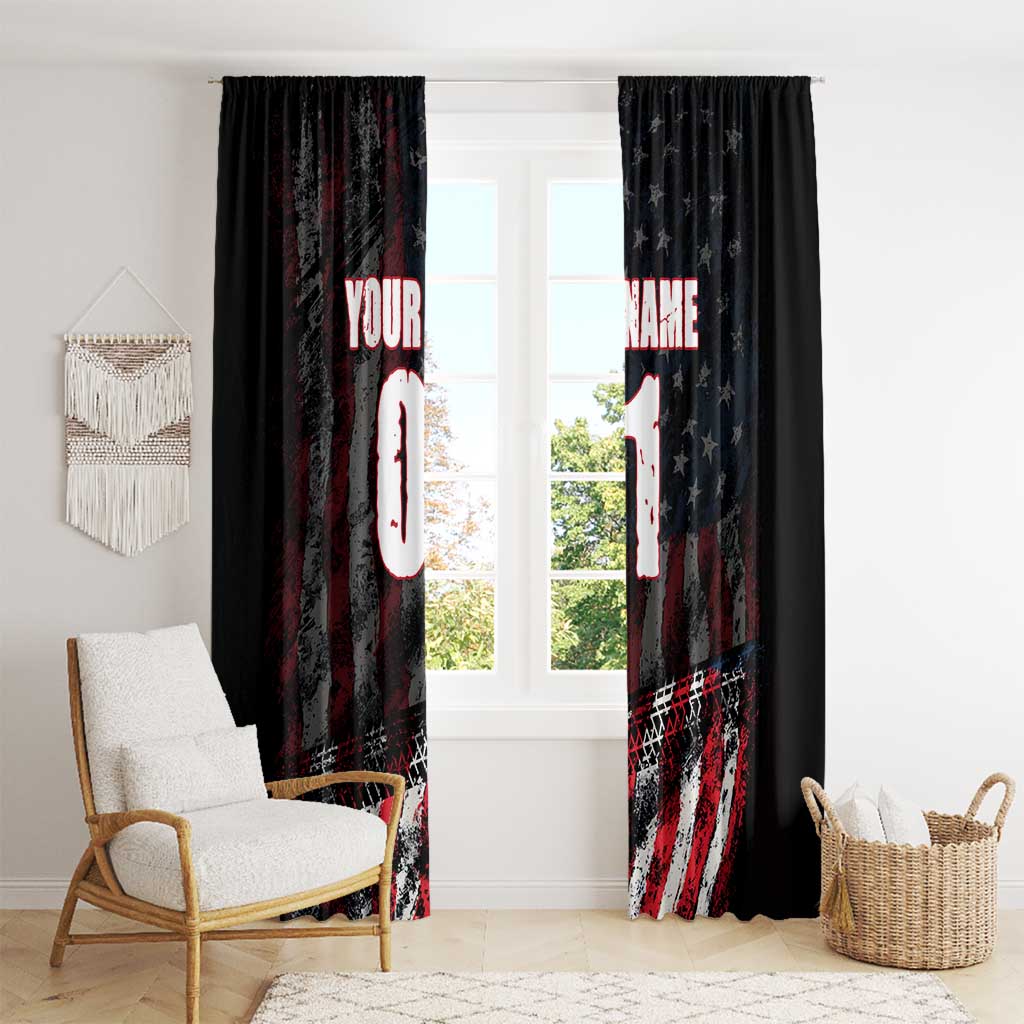 Motocross Rider Window Curtain with American Flag Background and Extreme Text in Red and Black Grunge Design - Wonder Print Shop