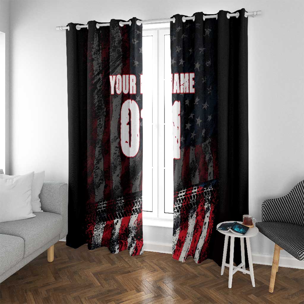Motocross Rider Window Curtain with American Flag Background and Extreme Text in Red and Black Grunge Design - Wonder Print Shop