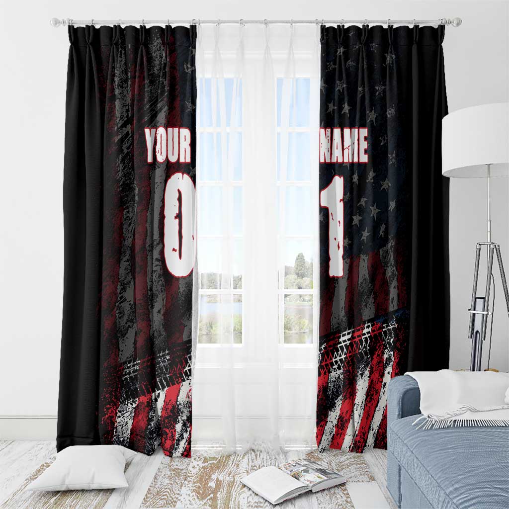 Motocross Rider Window Curtain with American Flag Background and Extreme Text in Red and Black Grunge Design - Wonder Print Shop
