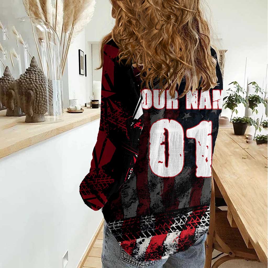 Motocross Rider Women Casual Shirt with American Flag Background and Extreme Text in Red and Black Grunge Design - Wonder Print Shop