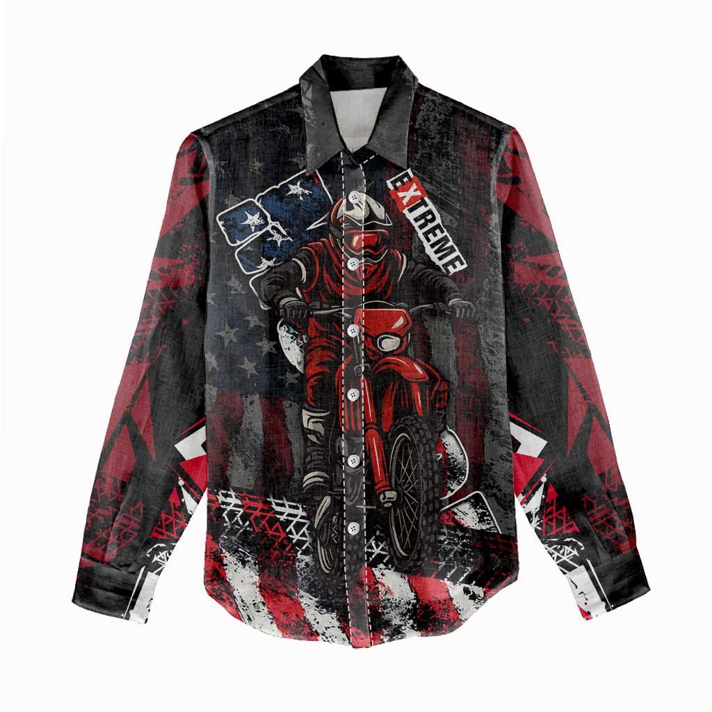 Motocross Rider Women Casual Shirt with American Flag Background and Extreme Text in Red and Black Grunge Design - Wonder Print Shop