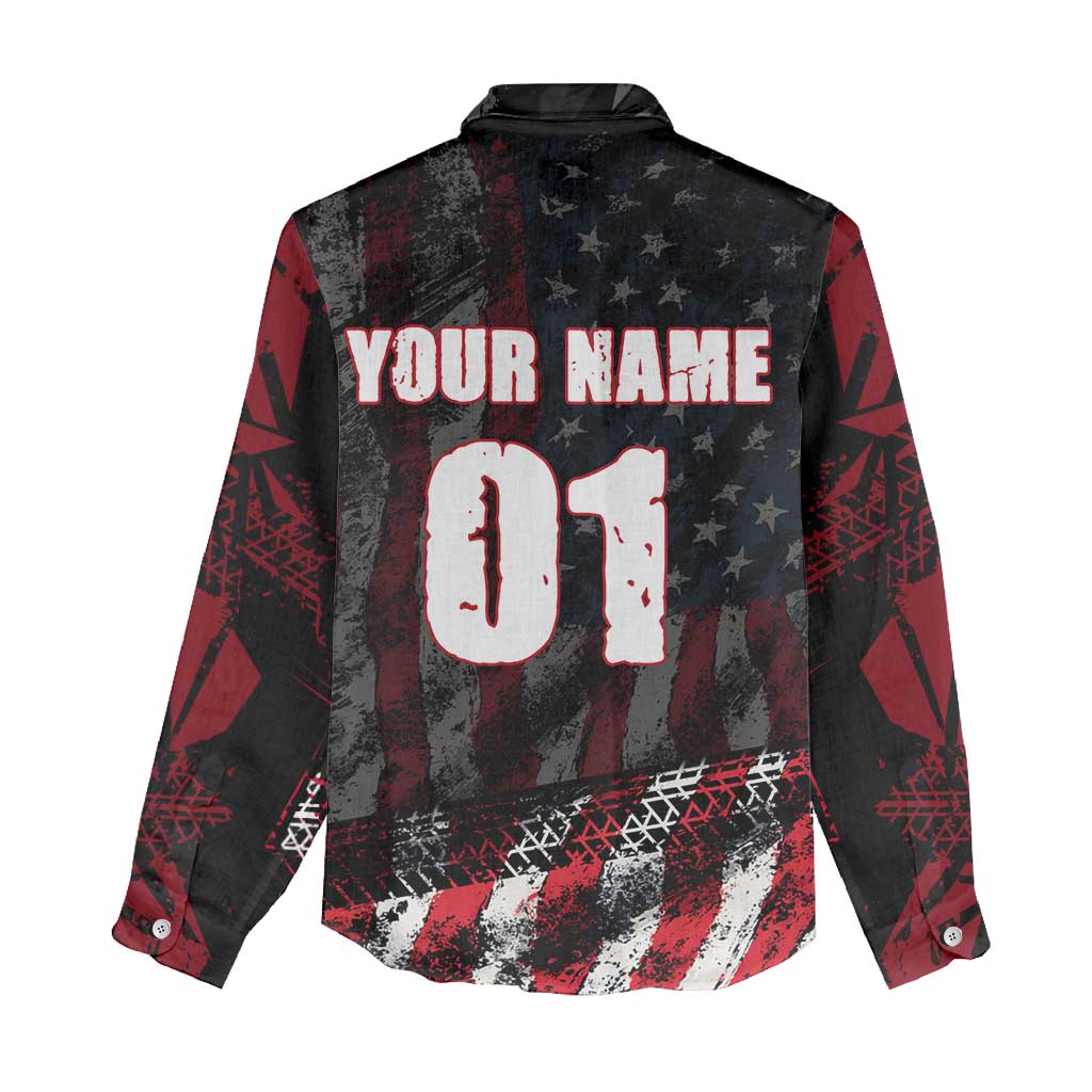 Motocross Rider Women Casual Shirt with American Flag Background and Extreme Text in Red and Black Grunge Design - Wonder Print Shop