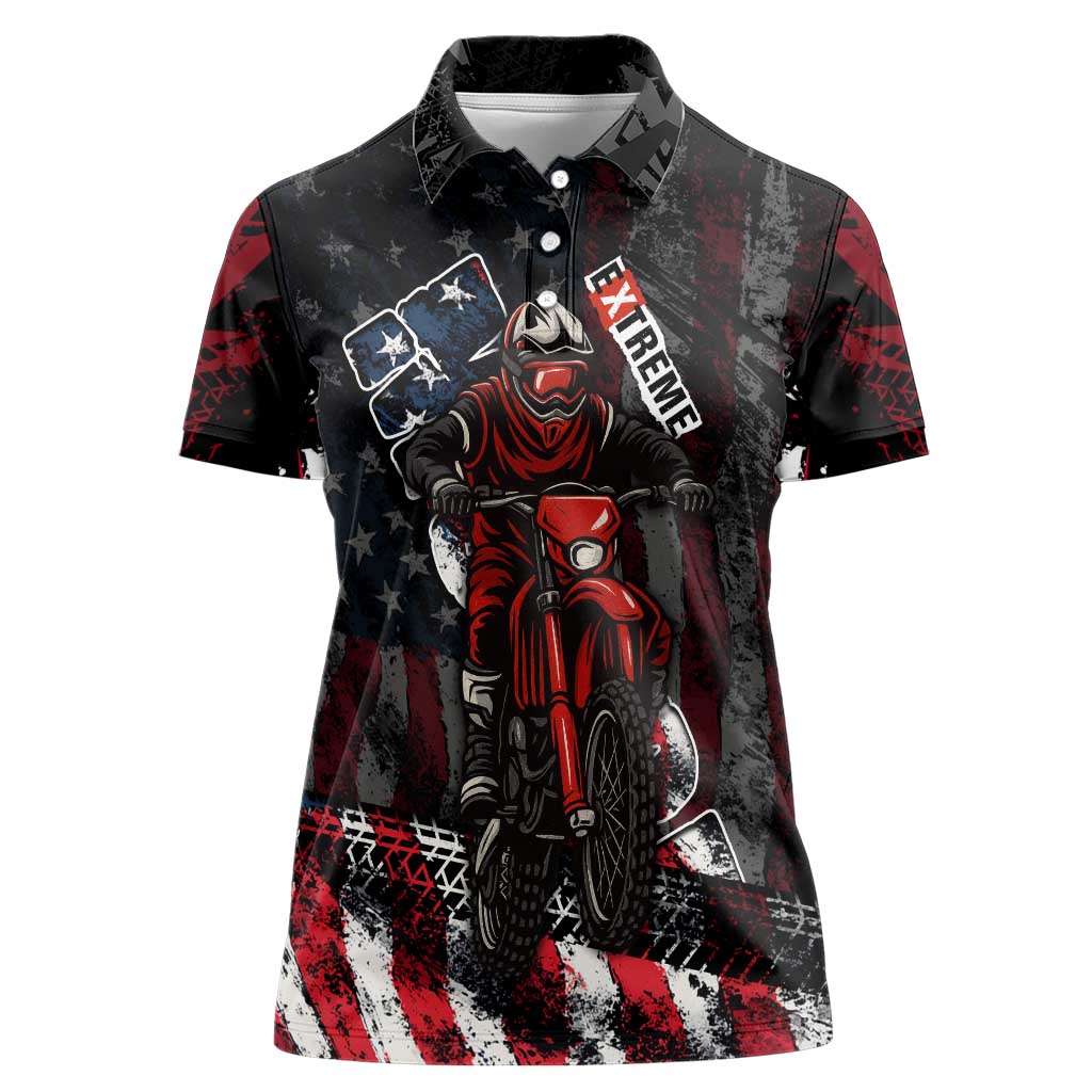 Motocross Rider Women Polo Shirt with American Flag Background and Extreme Text in Red and Black Grunge Design - Wonder Print Shop