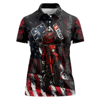 Motocross Rider Women Polo Shirt with American Flag Background and Extreme Text in Red and Black Grunge Design - Wonder Print Shop